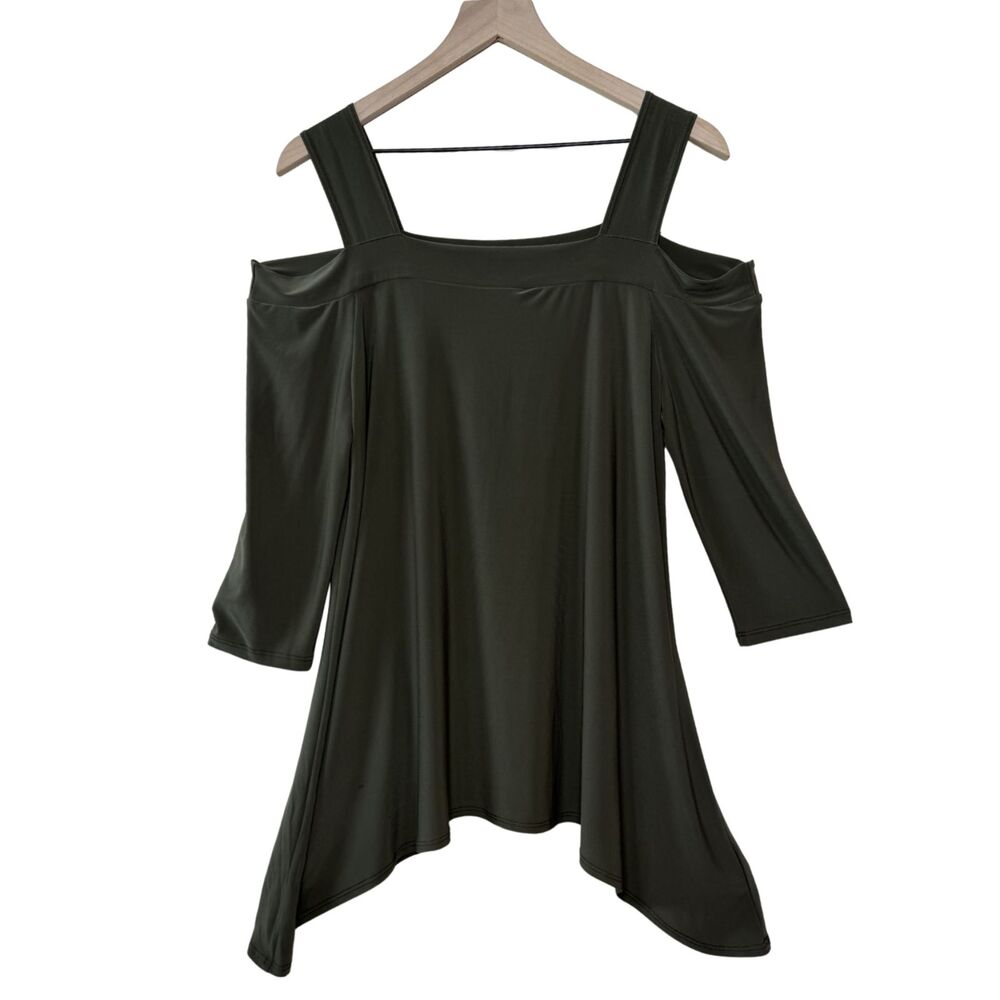 Clara Sun Woo Olive Green Square Neck Cold Shoulder 3/4 Sleeve Tunic Size L
